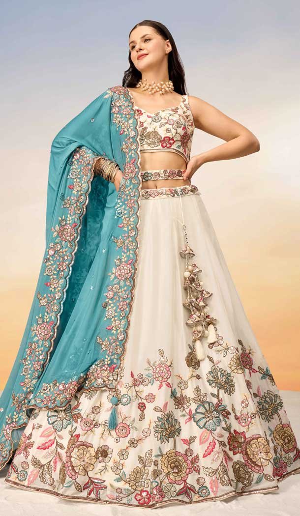 Cream Poly Georgette Embroidered Designer Wear Lehenga Choli – 10083192265