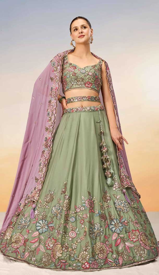 Lime Green Poly Georgette Embroidered Designer Wear Lehenga Choli – 10083192266