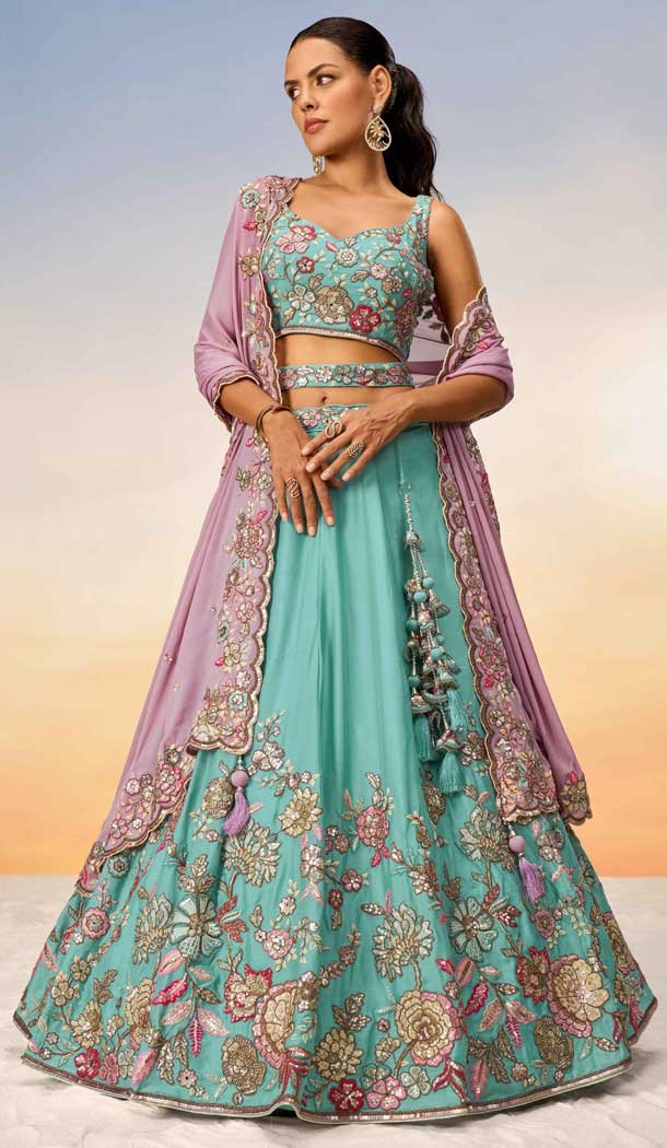 Turquoise Blue Georgette Embroidered Designer Wear Lehenga Choli – 10083192268