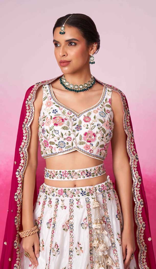 Cream Poly Georgette Embroidery Wedding Wear Lehenga Choli – 10084192272