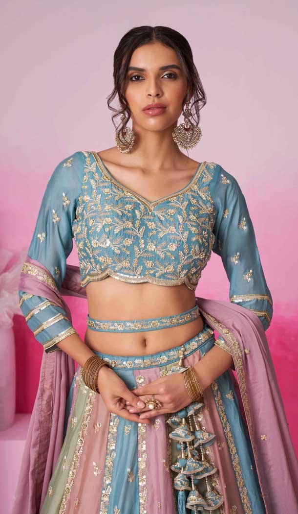 Multi Color Ploy Georgette Embroidery Wedding Wear Lehenga Choli – 10084192278