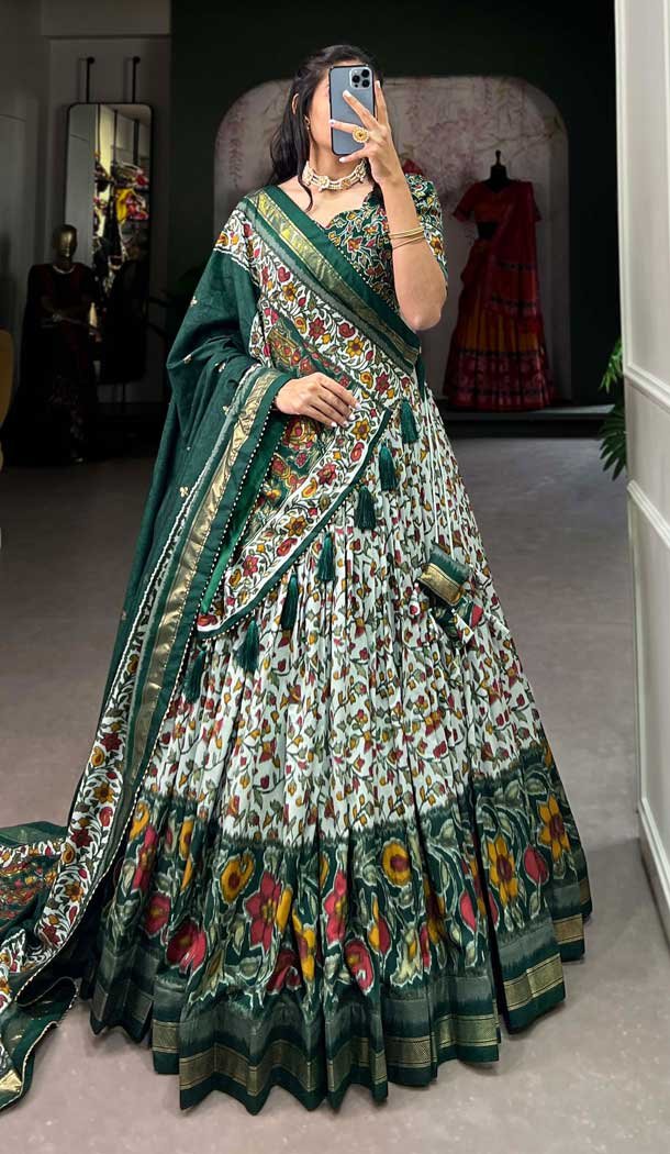 Green Tussar Silk Foil Print Work Navratri Wear Lehenga Choli – 10087192292