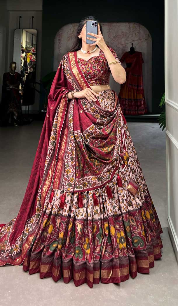 Maroon Tussar Silk Foil Print Work Navratri Wear Lehenga Choli – 10087192293