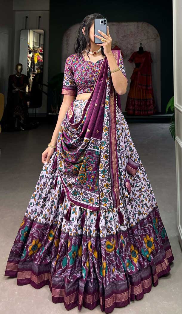 Purple Tussar Silk Foil Print Work Navratri Wear Lehenga Choli – 10087192294