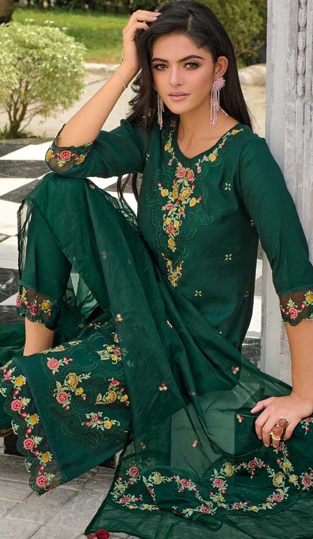 Green Viscose Resham Work Party Wear Readymade Salwar Suit – 10088192295