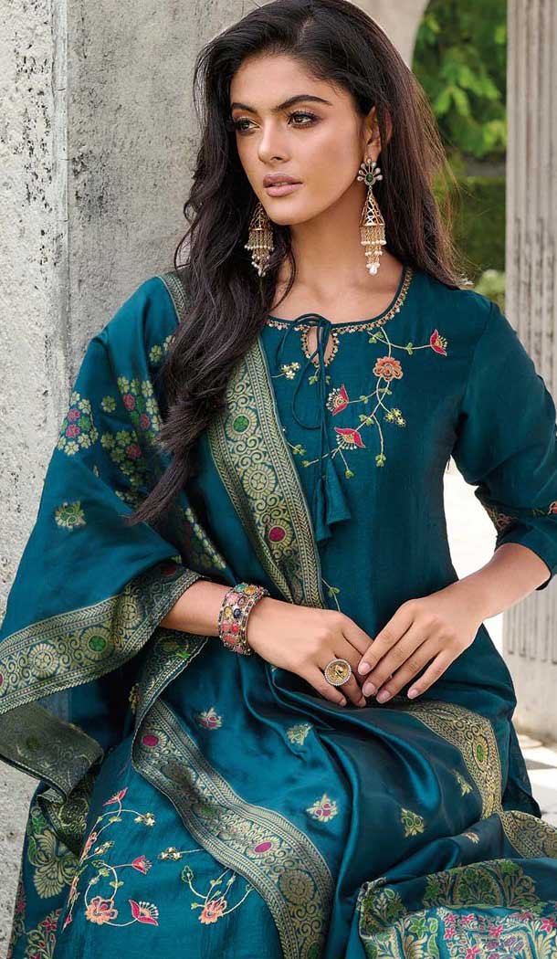 Teal Vichitra Silk Resham Work Party Wear Readymade Salwar Suit – 10088192304