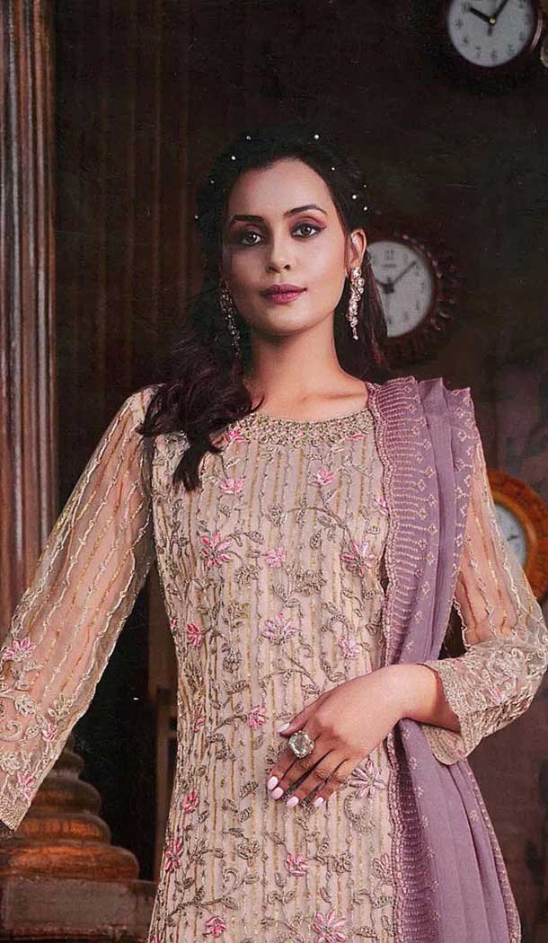 Butterfly Net Embroidered Pakistani Style Palazzo Suit In Cream – 10099192358