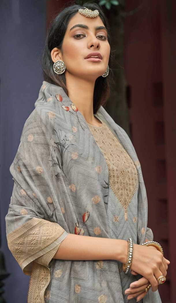 Grey Chanderi Digital Printed Pakistani Style Salwar Kameez – 10108192393