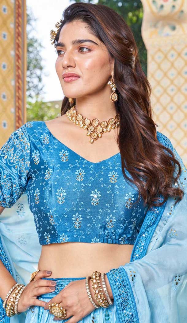 Sky Blue Soft Organza Sequins Work Designer Wear Lehenga Choli – 10109192397