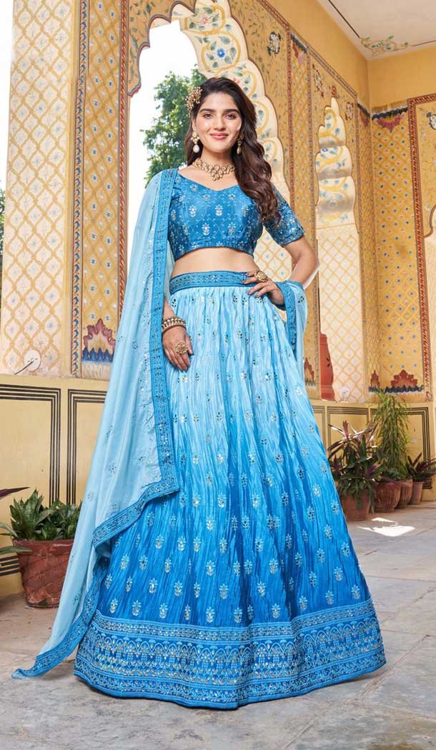 Sky Blue Soft Organza Sequins Work Designer Wear Lehenga Choli – 10109192397