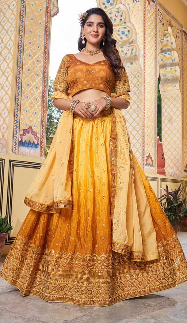 Yellow Soft Organza Sequins Work Designer Wear Lehenga Choli – 10109192400