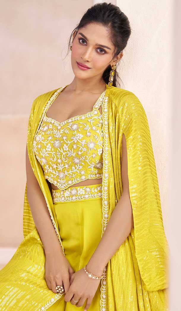 Real Silk Embroidered Indo Western Style Palazzo Suit In Yellow – 10110192403