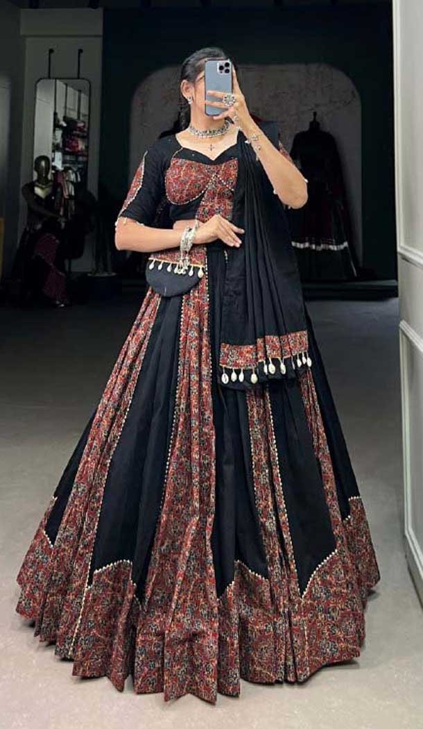 Black Pure Cotton Print Work Navratri Wear Lehenga Choli – 10097192341