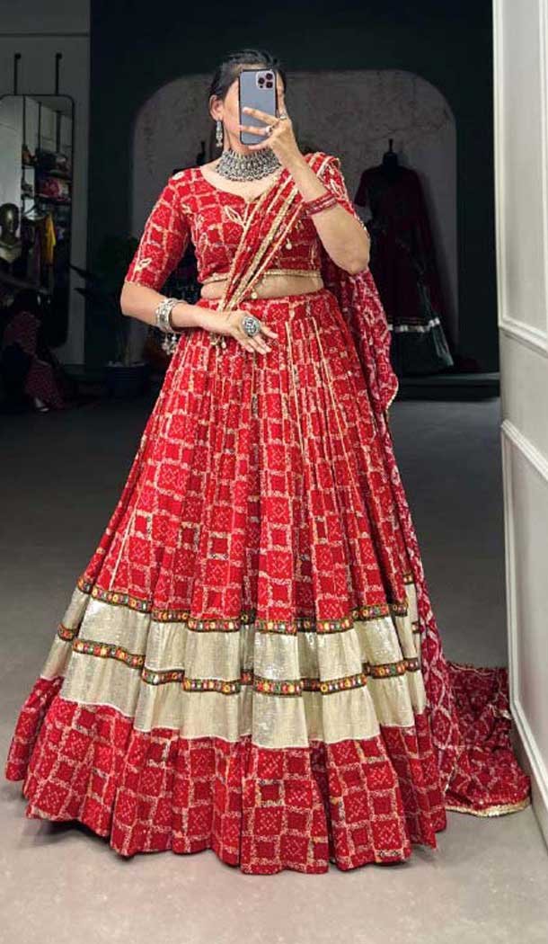 Red Pure Rayon Foil Print Work Navratri Wear Lehenga Choli – 10097192351