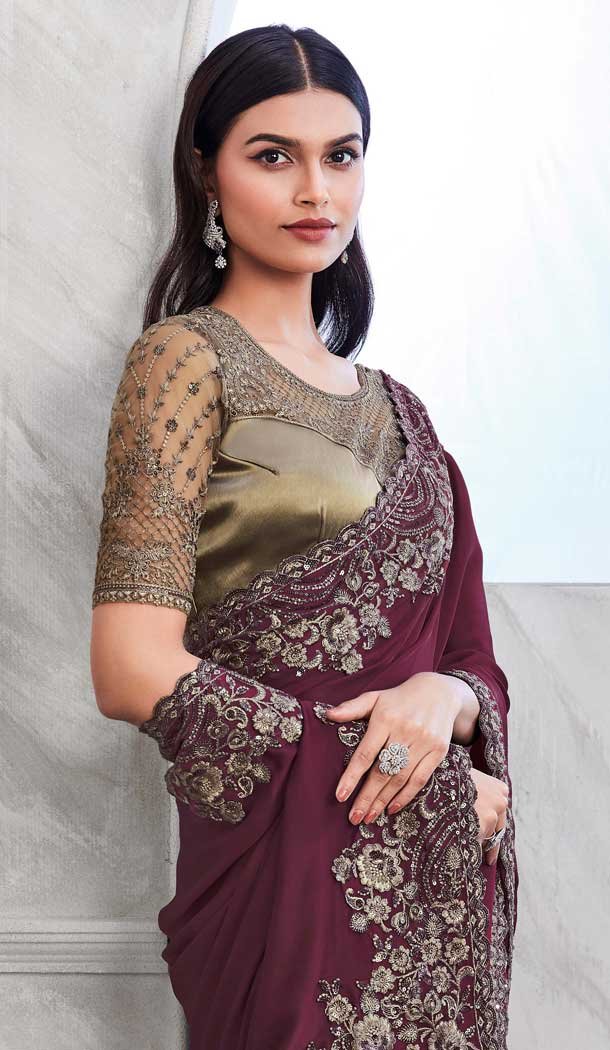 Walnut Art Silk Sequins Work Party Wear Saree In Wine – 10114192417