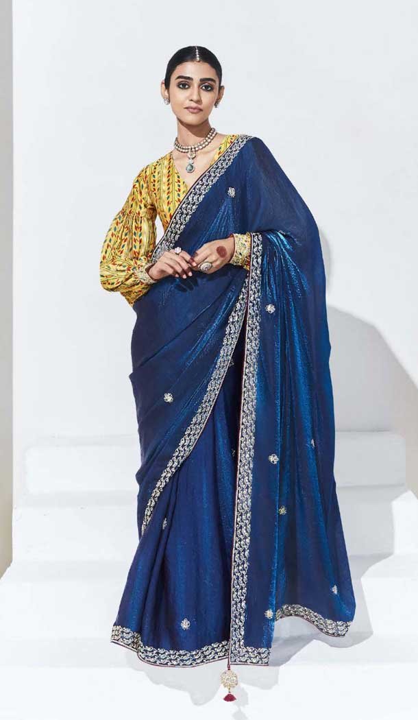 Navy Blue Glass Tissue Organza Embroidered Traditional Wear Saree – 10115192422