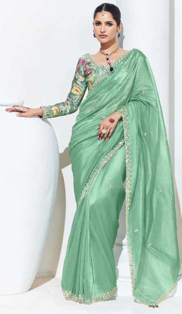 Sea Green Glass Tissue Organza Embroidered Traditional Wear Saree – 10115192425