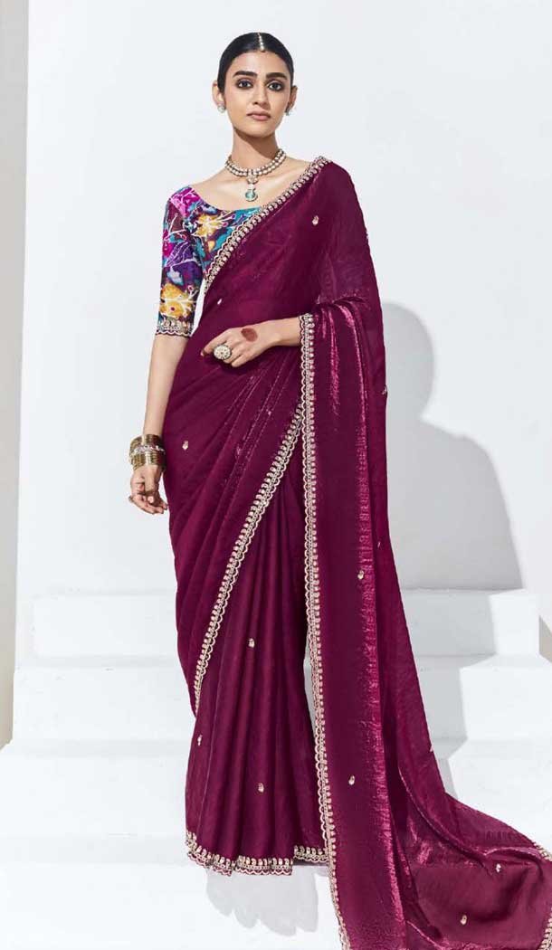 Wine Glass Tissue Organza Embroidered Traditional Wear Saree – 10115192426