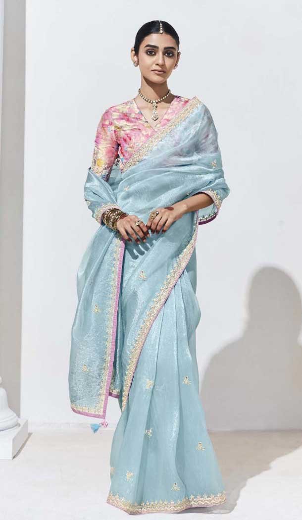 Sky Blue Glass Tissue Organza Embroidered Traditional Wear Saree – 10115192427