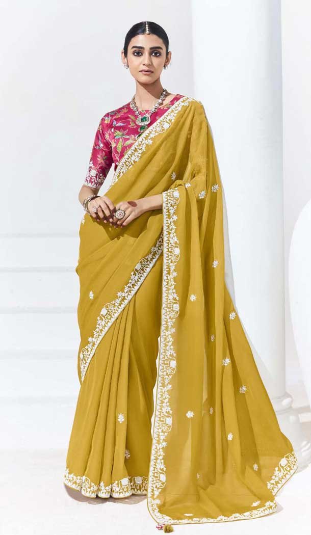 Mustard Glass Tissue Organza Embroidered Traditional Wear Saree – 10115192428