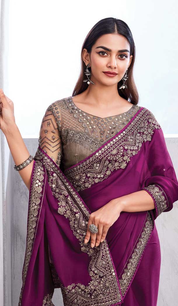 Chiffon Silk Resham Work Function Wear Saree In Wine – 10116192432