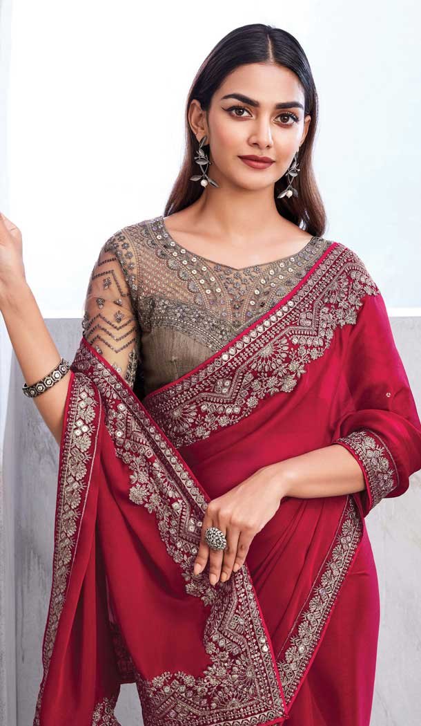 Chiffon Silk Resham Work Function Wear Saree In Rani Pink – 10116192434