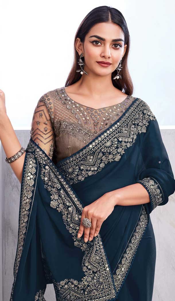 Chiffon Silk Resham Work Function Wear Saree In Teal – 10116192435