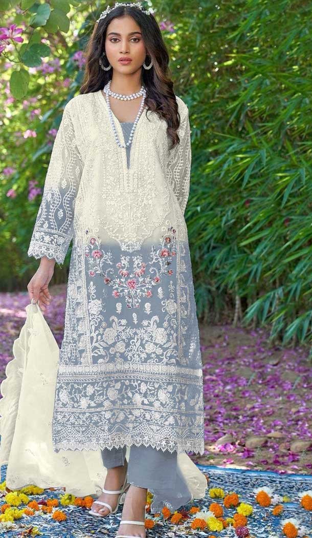 Organza Embroidered Pakistani Style Salwar Kameez In Slate Blue – 10094192333