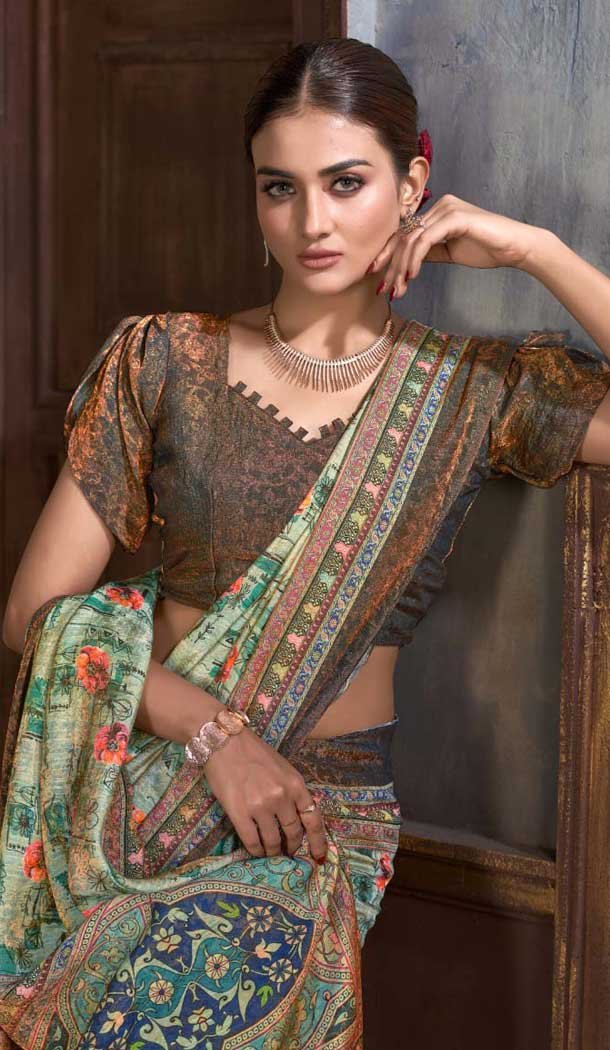 Dusty Green Natural Silk Print Work Traditional Wear Saree – 10151192575