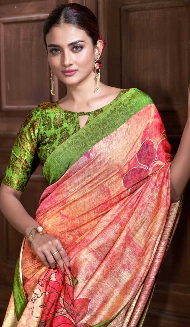 Natural Silk Multi Color Print Work Traditional Wear Saree – 10151192577