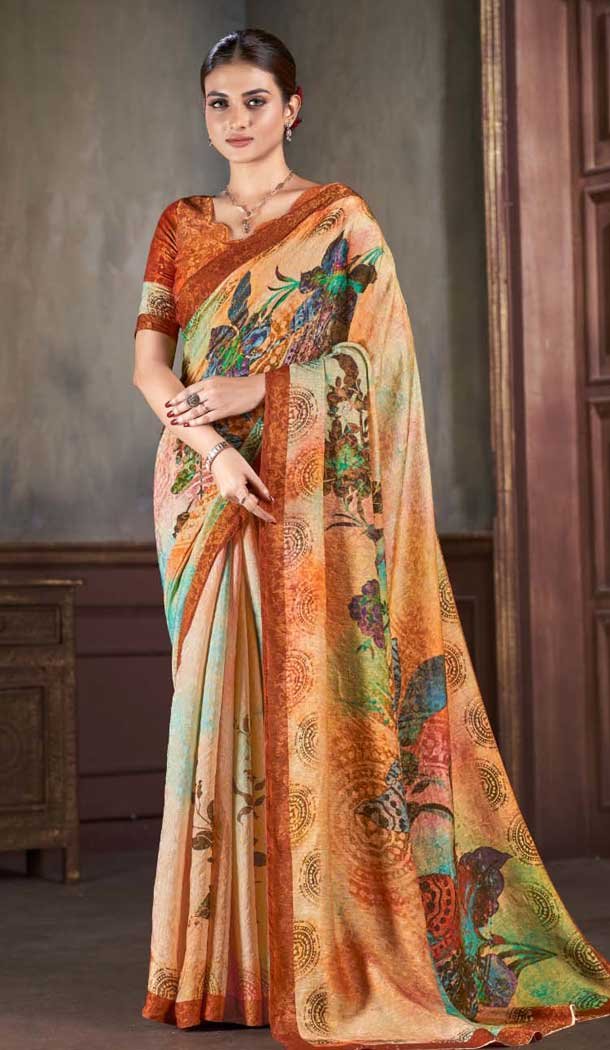 Natural Silk Multi Color Print Work Traditional Wear Saree – 10151192587