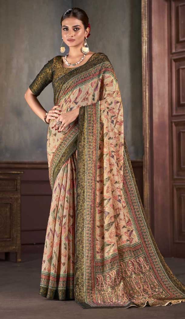 Natural Silk Print Work Traditional Wear Saree In Beige – 10151192588