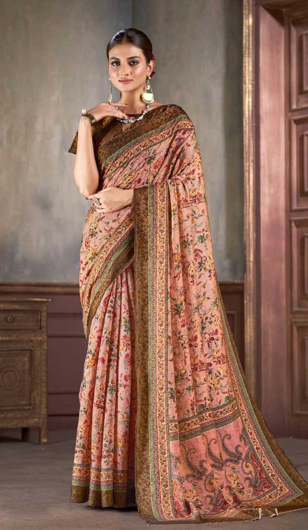 Pink Natural Silk Print Work Traditional Wear Saree – 10151192590