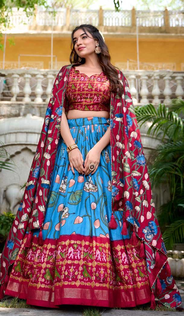 Multi Color Tussar Silk Zari Weaving Work Party Wear Lehenga Choli – 10168192676