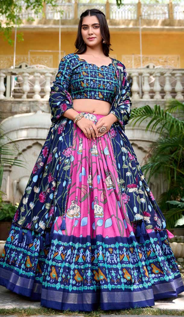 Pink Tussar Silk Zari Weaving Work Party Wear Lehenga Choli – 10168192678