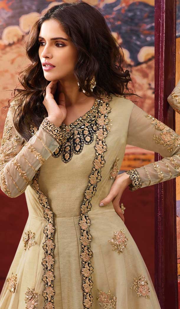 Beige Color Silk Base Pakistani Style Long Salwar Kameez – 561169990