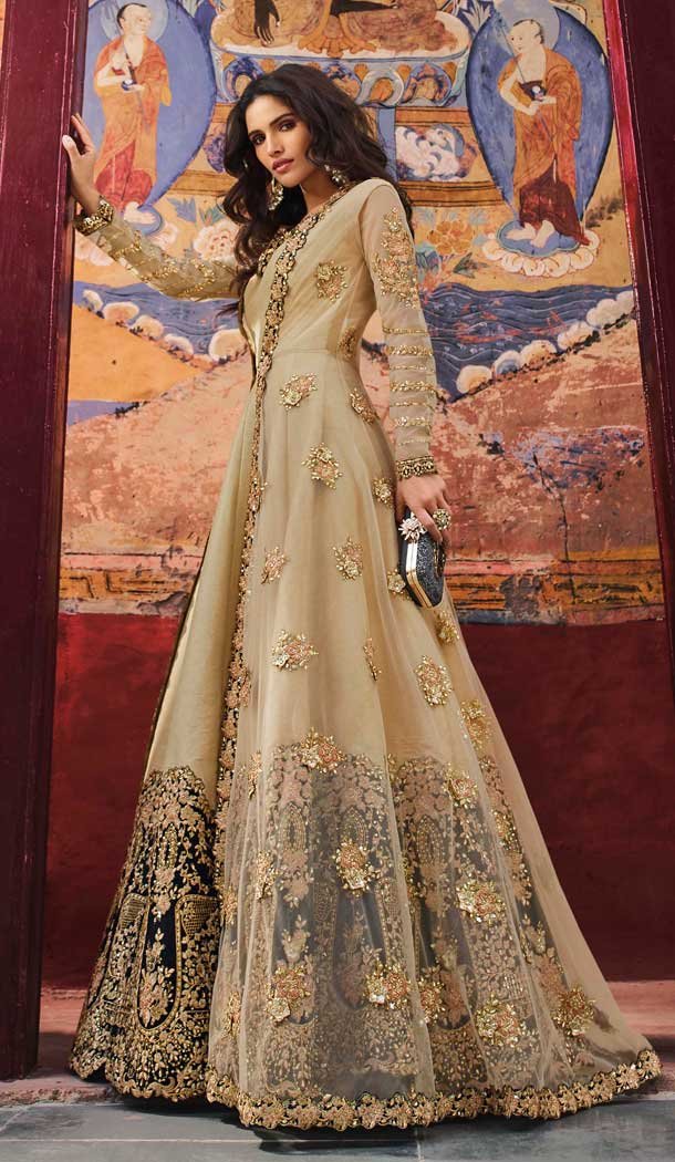 Beige Color Silk Base Pakistani Style Long Salwar Kameez – 561169990