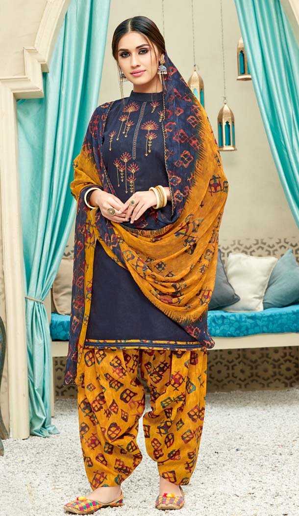 Navy Blue Color Pure Jam Cotton Casual Wear Punjabi Patiyala Dress -620277376