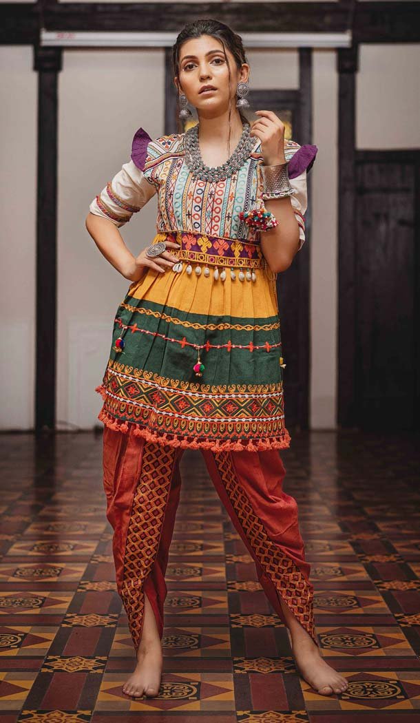 Multi Color Khadi Linen Gujrati Navratri Special Dress -619577287