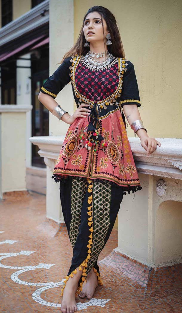 Black and Peach Color Khadi Linen Gujrati Navratri Special Dress -619577294