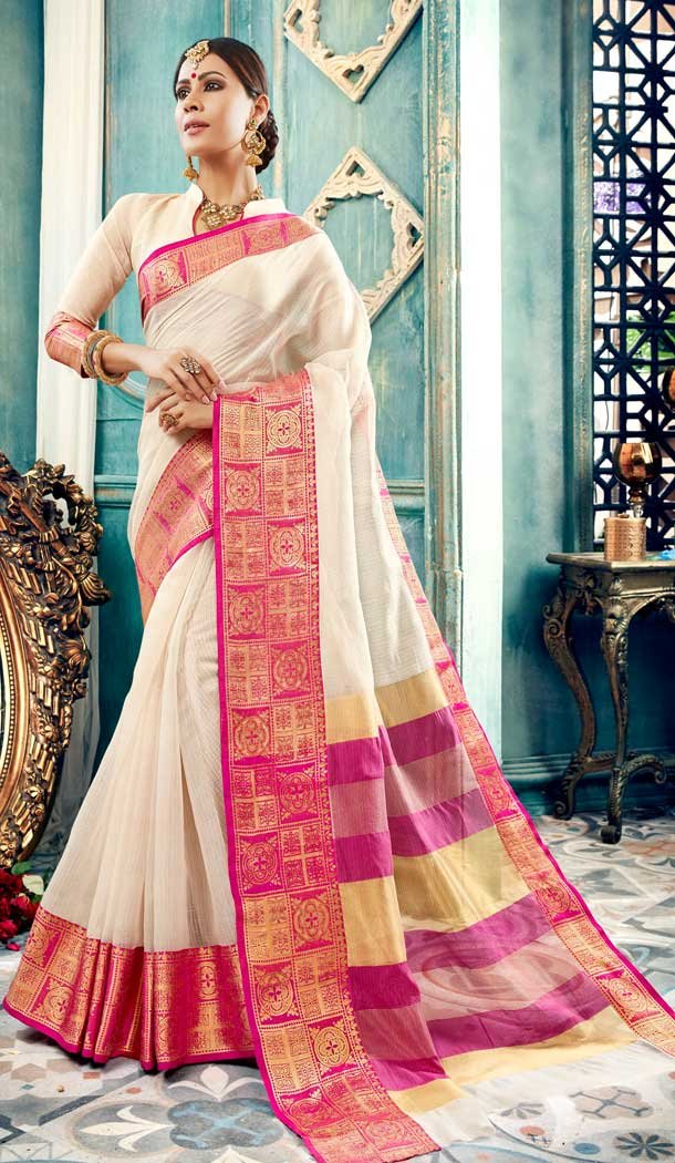 Exquisite Off White Color Cotton Festival Wear Sarees Saree -700287331