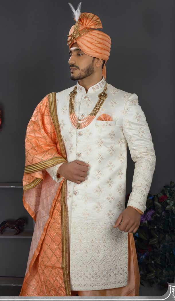 Appealing White Color Lakhnowi Silk Designer Men’s Wedding Wear Sherwani – 2802142207