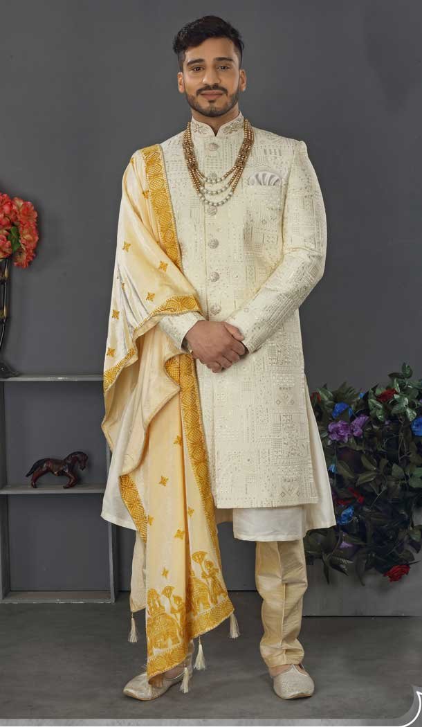 Appealing Cream Color Lakhnowi Silk Designer Men’s Wedding Wear Sherwani – 2802142209