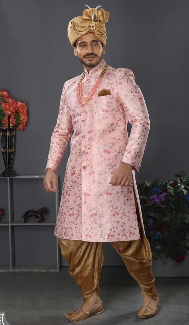 Stunning Pink Color Jacquard Art Silk Designer Men’s Wedding Wear Sherwani – 2802142210