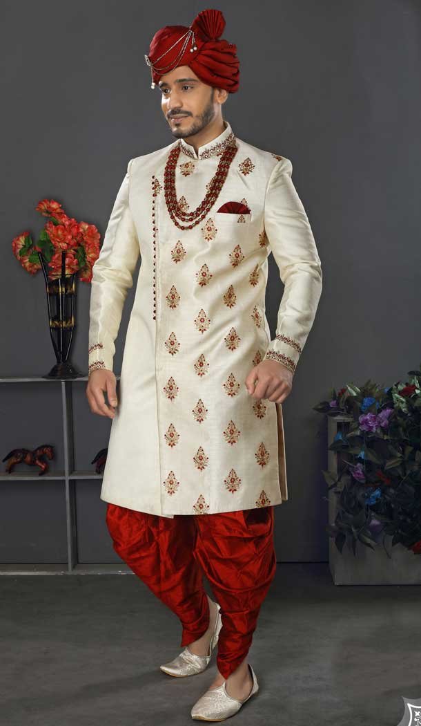 Dashing Cream Color Lakhnowi Silk Designer Men’s Wedding Wear Sherwani – 2802142211