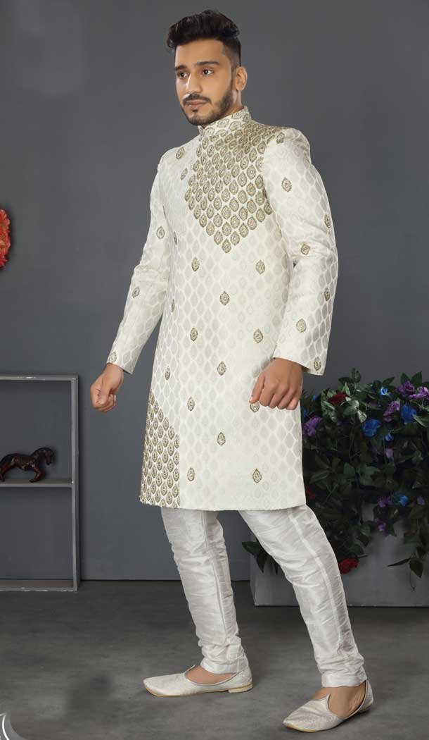 Subtle White Color Lakhnowi Silk Designer Men’s Wedding Wear Sherwani – 2802142212