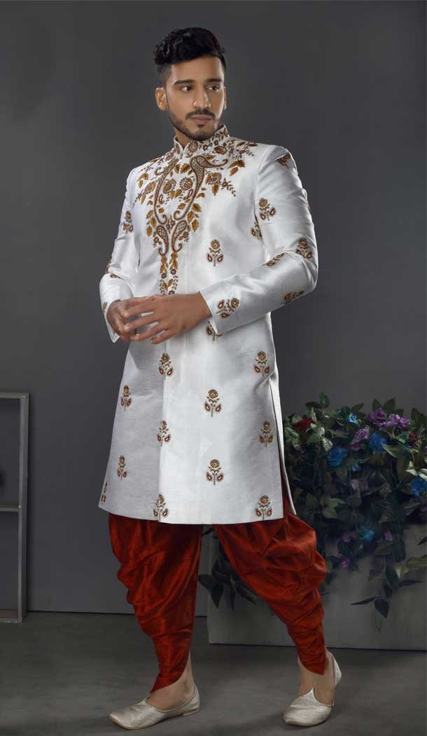 Subtle Gray Color Jacquard Art Silk Designer Men’s Wedding Wear Sherwani – 2802142213