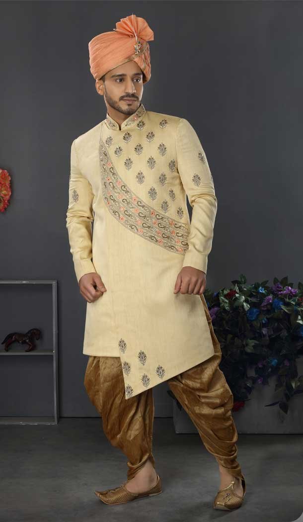 Light Yellow Color Lakhnowi Silk Designer Men’s Wedding Wear Sherwani – 2802142214