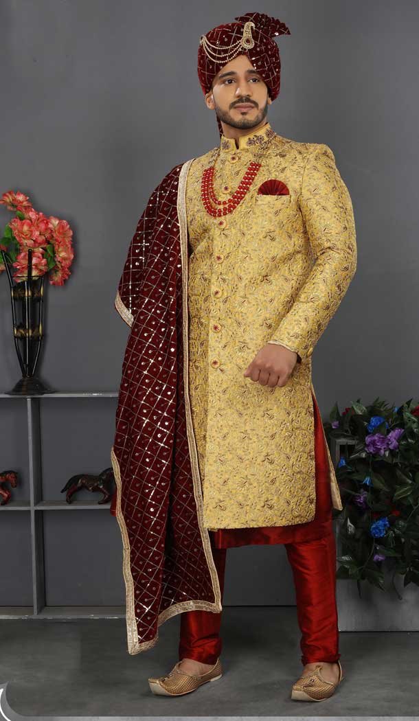 Gold Color Jacquard Art Silk Designer Men’s Wedding Wear Sherwani – 2802142215