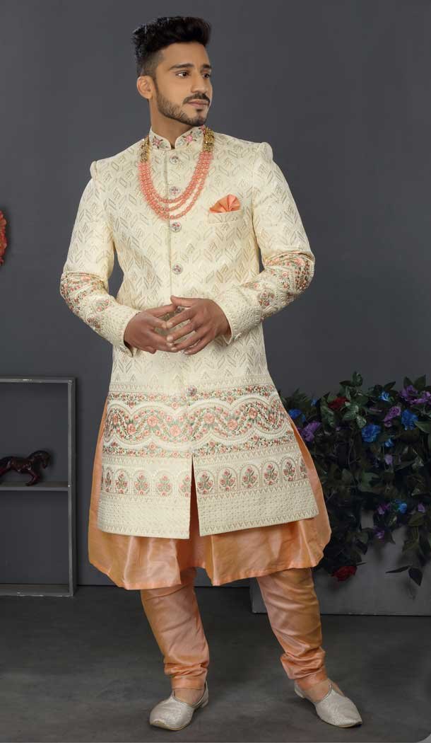 Wonderful Cream Color Lakhnowi Silk Designer Men’s Wedding Wear Sherwani – 2802142216